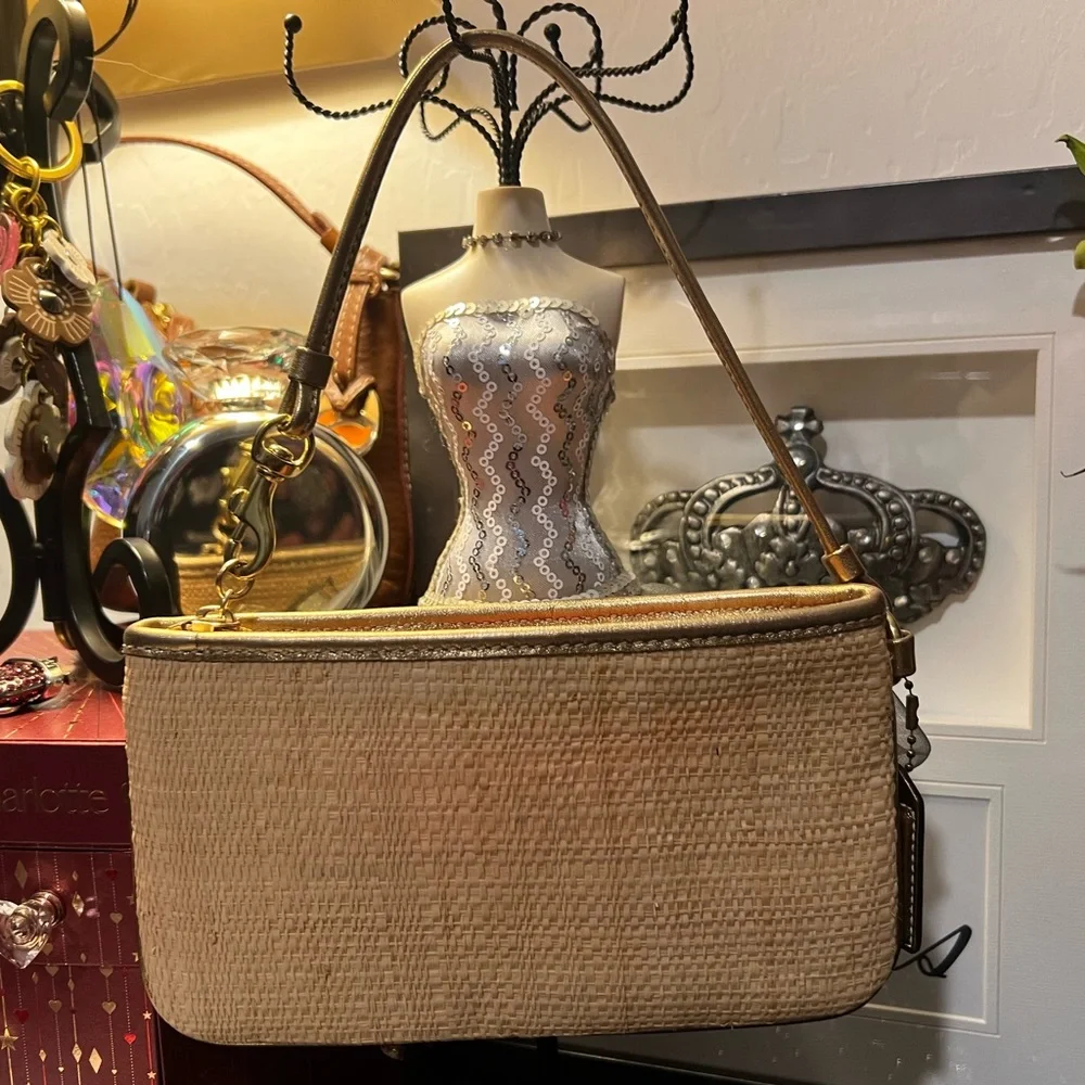 Coach Hampton Gold and Tan Woven Straw Wristlet w/ Flower Appliqué